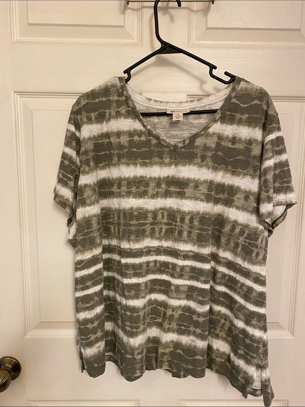 Style & Co. Olive Green and White V-Neck Tee - Tie-Dye